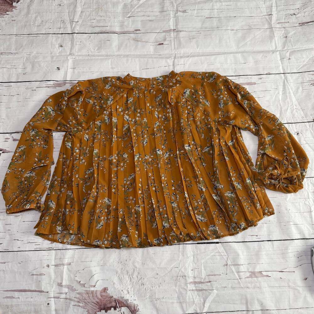 Kensie Mustard Yellow Floral Pleated Blouse M